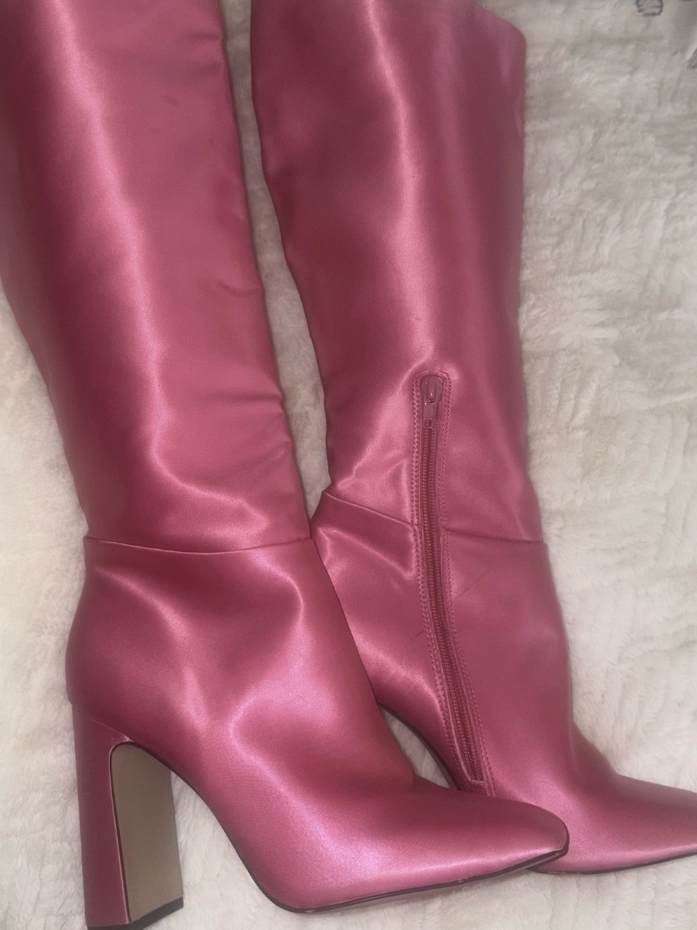 Steve Madden Satin Rose Pink Mid-Calf Block Heel Boots